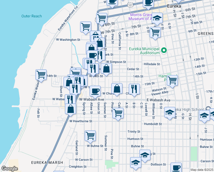 map of restaurants, bars, coffee shops, grocery stores, and more near 1461 Summer Street in Eureka