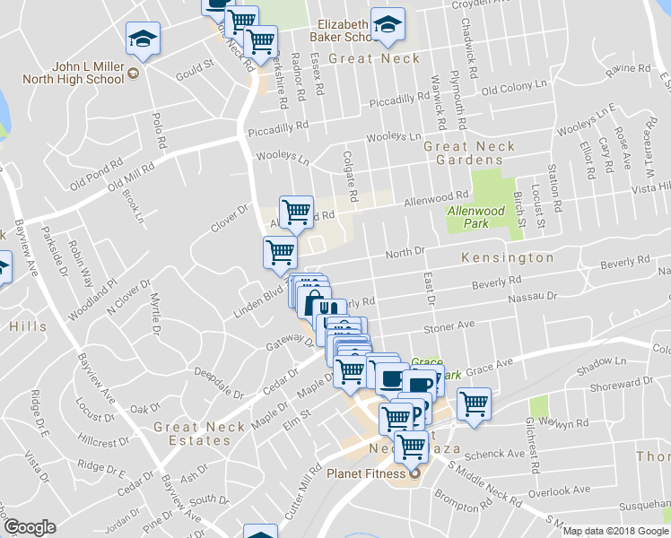map of restaurants, bars, coffee shops, grocery stores, and more near 6 North Drive in Great Neck