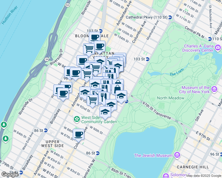 map of restaurants, bars, coffee shops, grocery stores, and more near 65 West 96th Street in New York