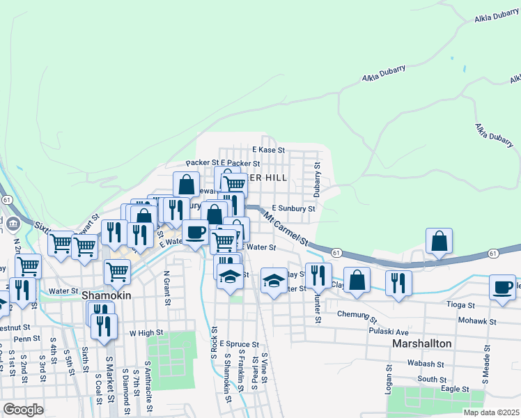 map of restaurants, bars, coffee shops, grocery stores, and more near 780 N Pearl St in Shamokin