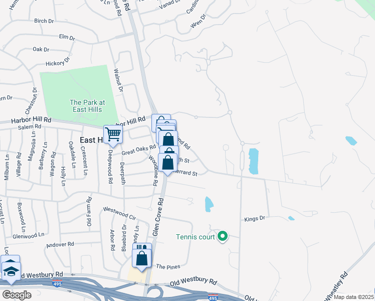 map of restaurants, bars, coffee shops, grocery stores, and more near 33 South Street in Roslyn Heights