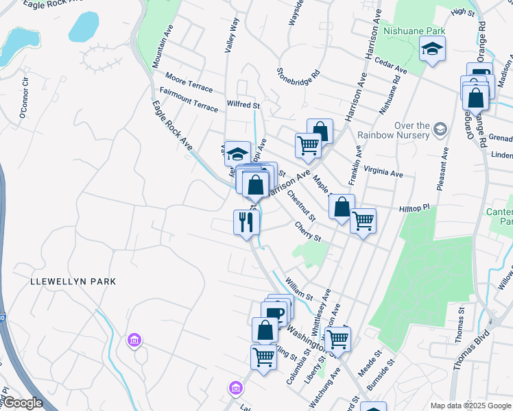 map of restaurants, bars, coffee shops, grocery stores, and more near 424 Main Street in West Orange