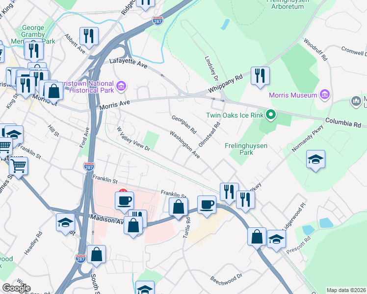 map of restaurants, bars, coffee shops, grocery stores, and more near 81 Washington Avenue in Morristown