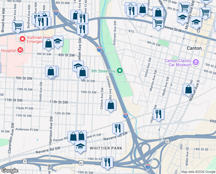 map of restaurants, bars, coffee shops, grocery stores, and more near 1515 10th Street Southwest in Canton