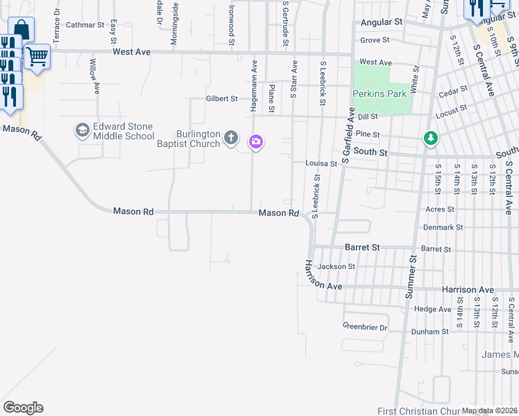 map of restaurants, bars, coffee shops, grocery stores, and more near 2017 Mason Road in Burlington