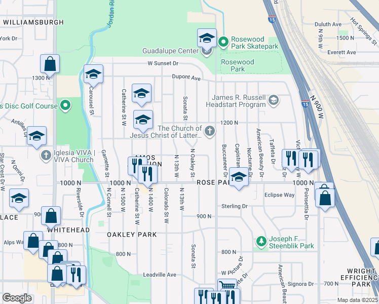 map of restaurants, bars, coffee shops, grocery stores, and more near 1054 North 1300 West in Salt Lake City