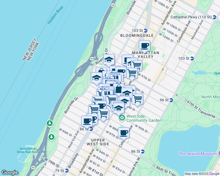 map of restaurants, bars, coffee shops, grocery stores, and more near 251 West 93rd Street in New York