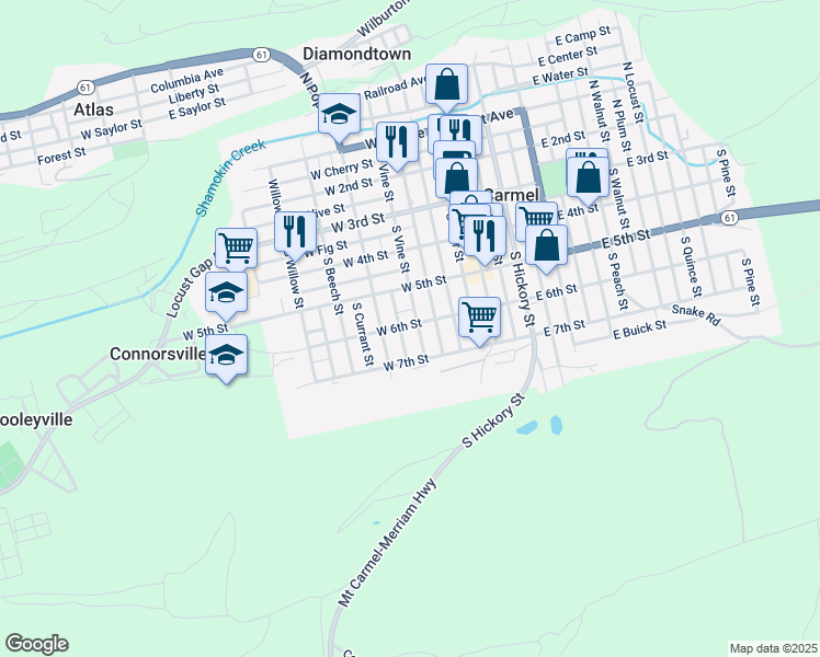 map of restaurants, bars, coffee shops, grocery stores, and more near 301-399 S Poplar St in Mt Carmel