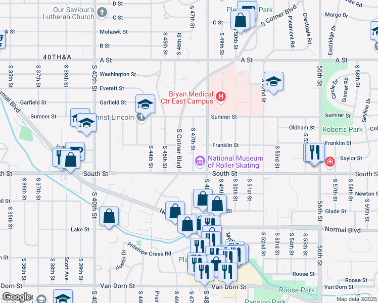 map of restaurants, bars, coffee shops, grocery stores, and more near 2001 South 47th Street in Lincoln