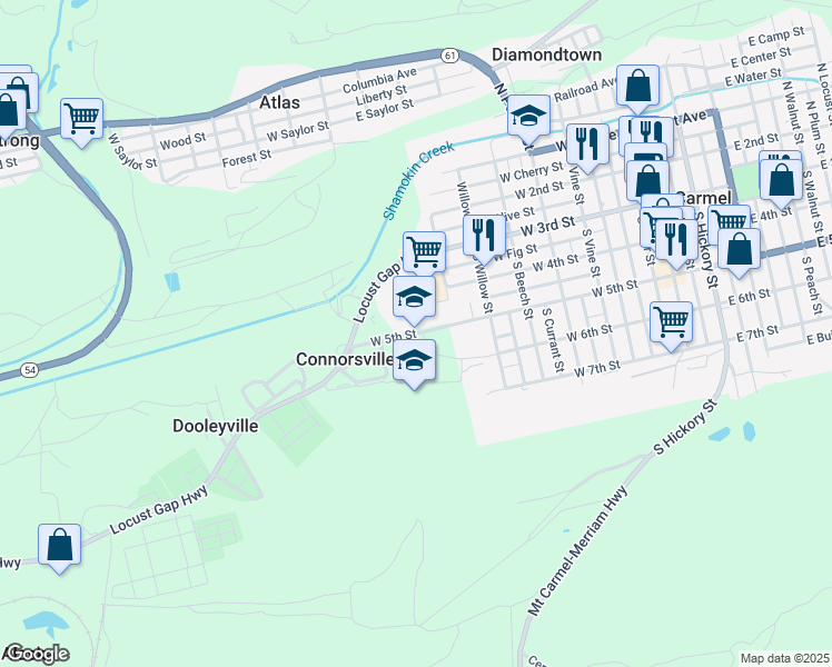 map of restaurants, bars, coffee shops, grocery stores, and more near 630 West 5th Street in Mount Carmel