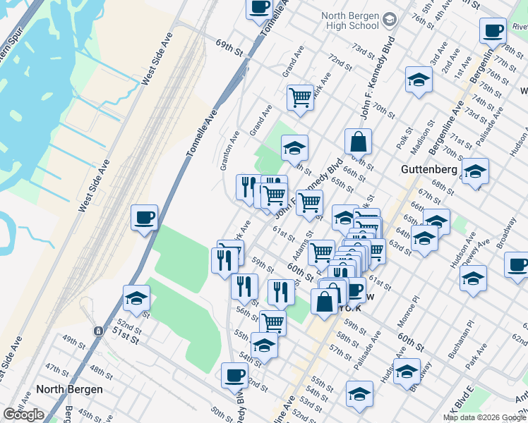 map of restaurants, bars, coffee shops, grocery stores, and more near 6048 John F. Kennedy Boulevard in West New York