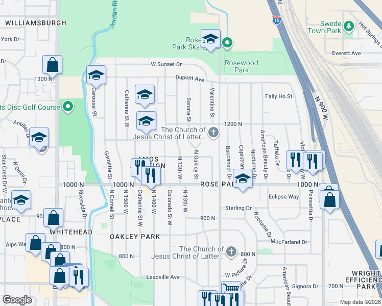 map of restaurants, bars, coffee shops, grocery stores, and more near 1260 West 1100 North in Salt Lake City