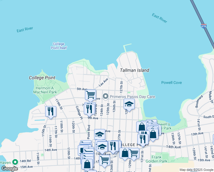 map of restaurants, bars, coffee shops, grocery stores, and more near 124-04 5th Avenue in Queens