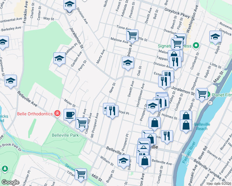 map of restaurants, bars, coffee shops, grocery stores, and more near 250 Union Avenue in Belleville