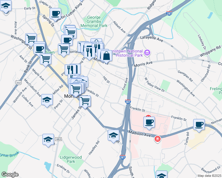 map of restaurants, bars, coffee shops, grocery stores, and more near 11 Franklin Place in Morristown