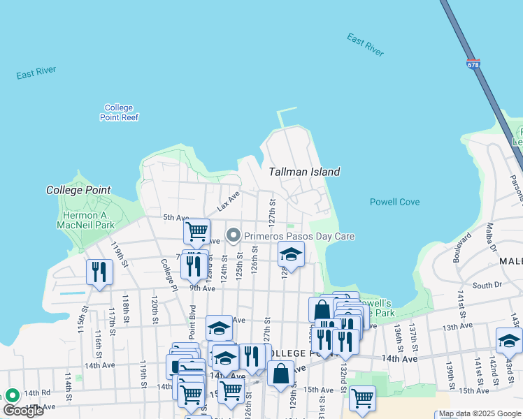 map of restaurants, bars, coffee shops, grocery stores, and more near 125-16 5th Avenue in Queens