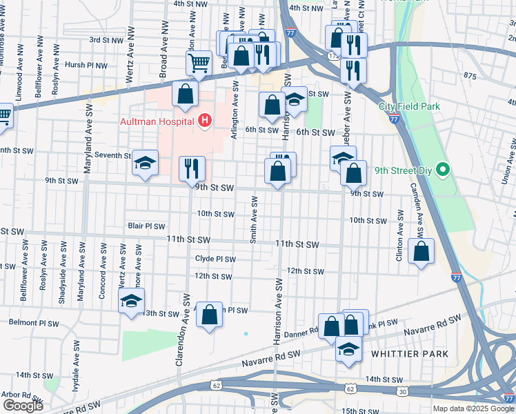 map of restaurants, bars, coffee shops, grocery stores, and more near 922 Smith Avenue Southwest in Canton