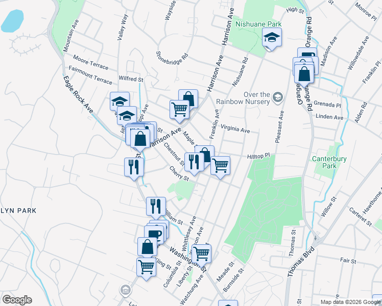 map of restaurants, bars, coffee shops, grocery stores, and more near 87 Chestnut Street in West Orange