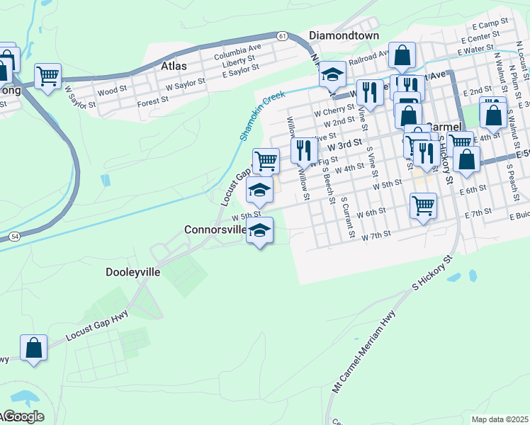 map of restaurants, bars, coffee shops, grocery stores, and more near 600 West 5th Street in Mount Carmel