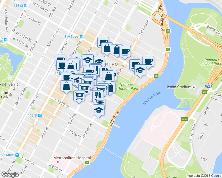 map of restaurants, bars, coffee shops, grocery stores, and more near 2143 1st Avenue in New York