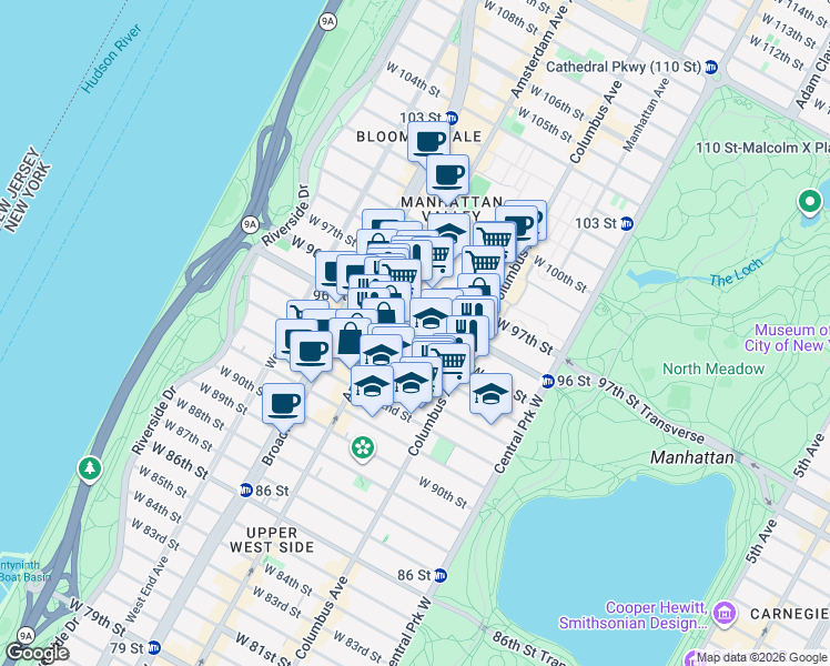 map of restaurants, bars, coffee shops, grocery stores, and more near 134 West 95th Street in New York