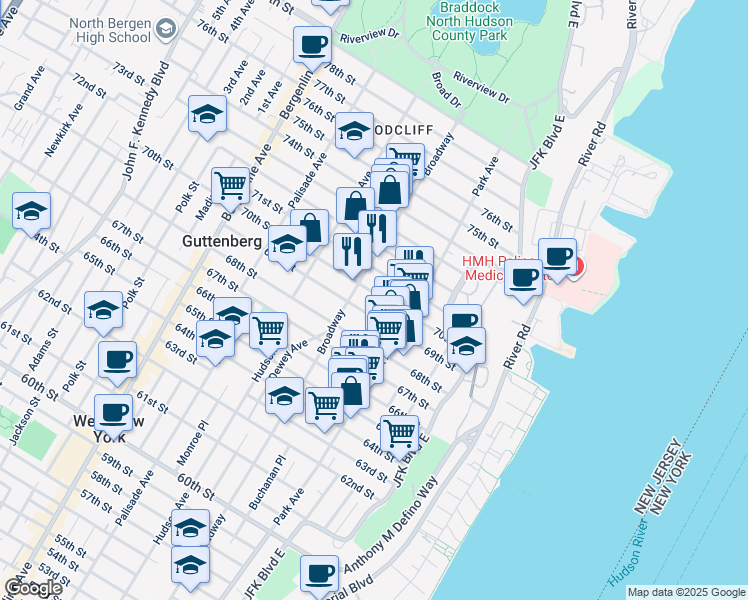 map of restaurants, bars, coffee shops, grocery stores, and more near 135 70th Street in Guttenberg