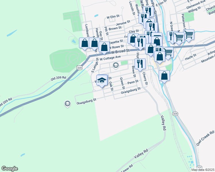 map of restaurants, bars, coffee shops, grocery stores, and more near 313 Penn Street in Tamaqua