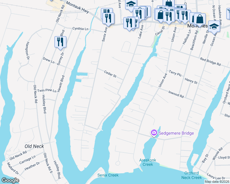 map of restaurants, bars, coffee shops, grocery stores, and more near 76 Lake Avenue in Center Moriches
