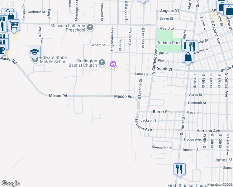 map of restaurants, bars, coffee shops, grocery stores, and more near 2017 Mason Road in Burlington