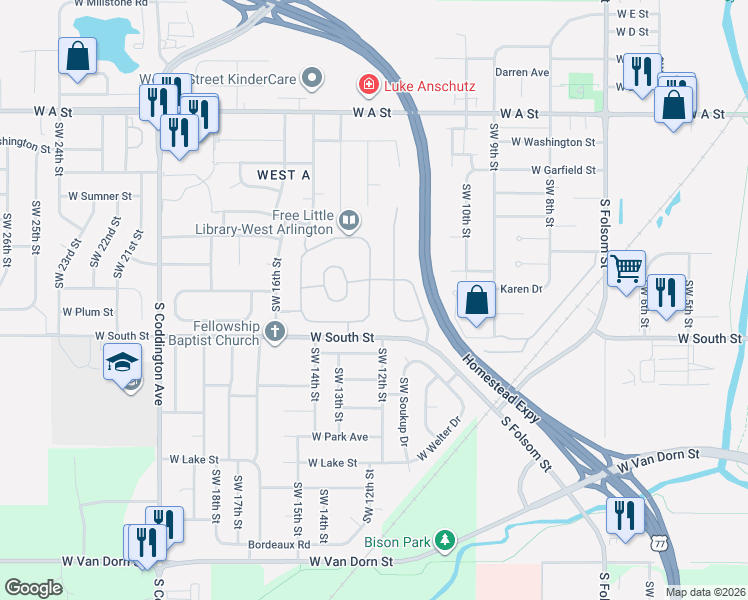 map of restaurants, bars, coffee shops, grocery stores, and more near 1035 Gordon Drive in Lincoln