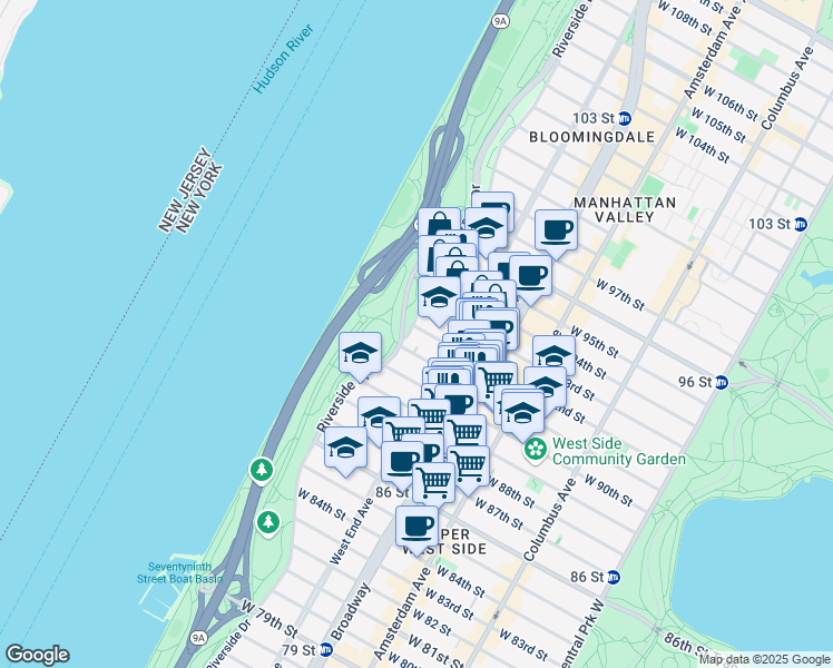map of restaurants, bars, coffee shops, grocery stores, and more near 194 Riverside Drive in New York