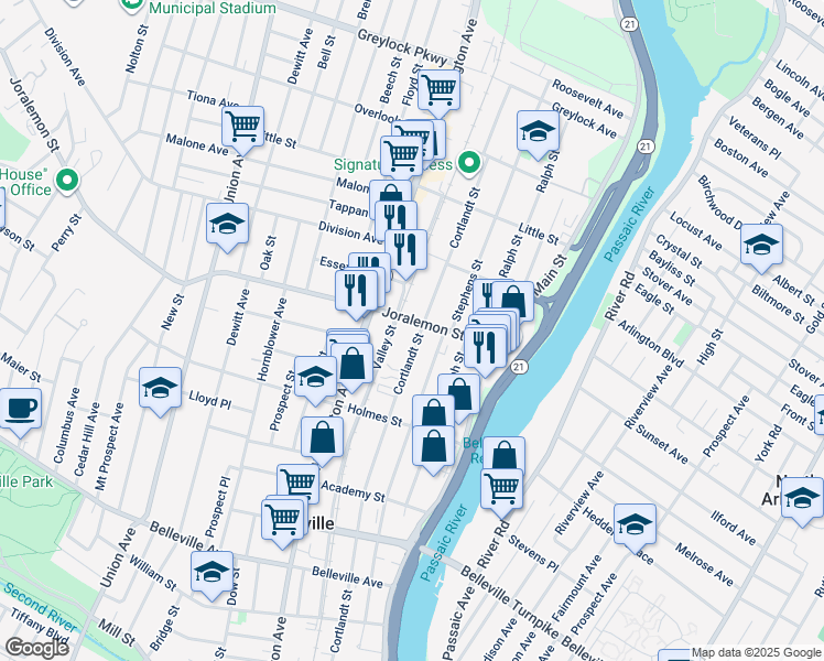 map of restaurants, bars, coffee shops, grocery stores, and more near 342-344 Cortlandt Street in Belleville
