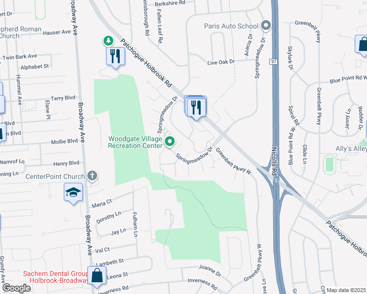 map of restaurants, bars, coffee shops, grocery stores, and more near 209G Springmeadow Drive in Holbrook