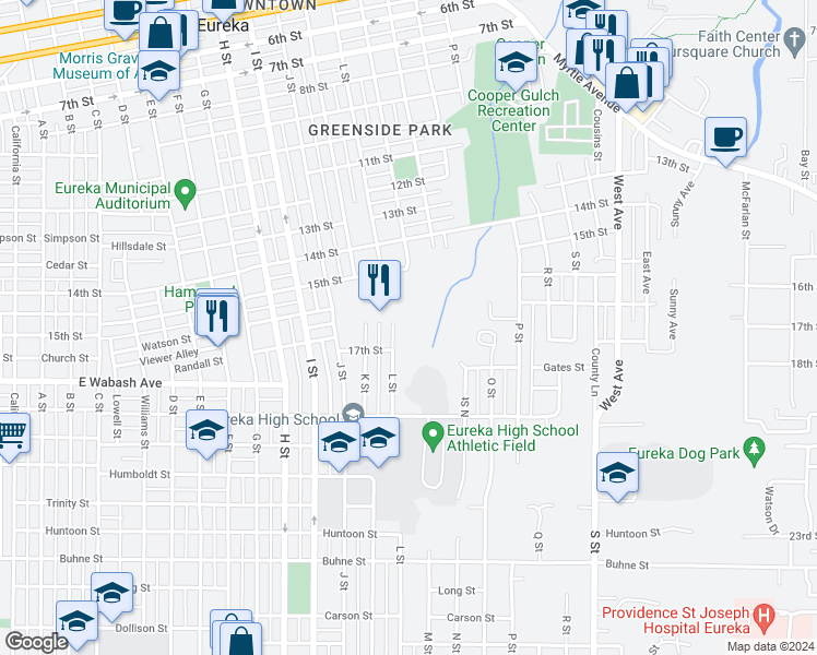 map of restaurants, bars, coffee shops, grocery stores, and more near 1635 L Street in Eureka