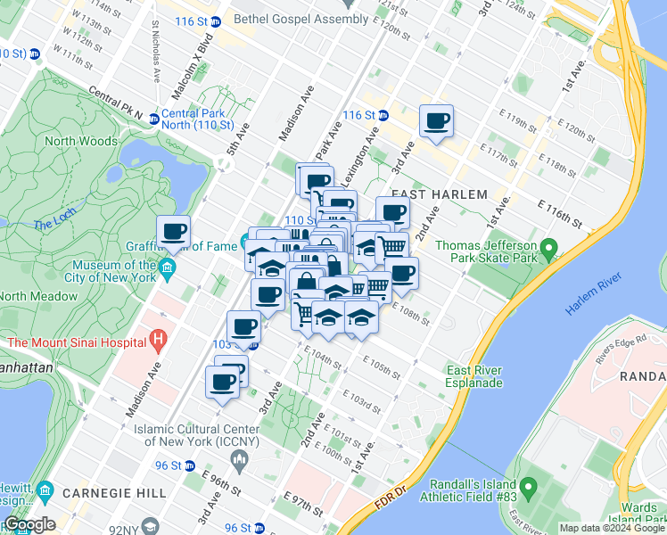 map of restaurants, bars, coffee shops, grocery stores, and more near in New York
