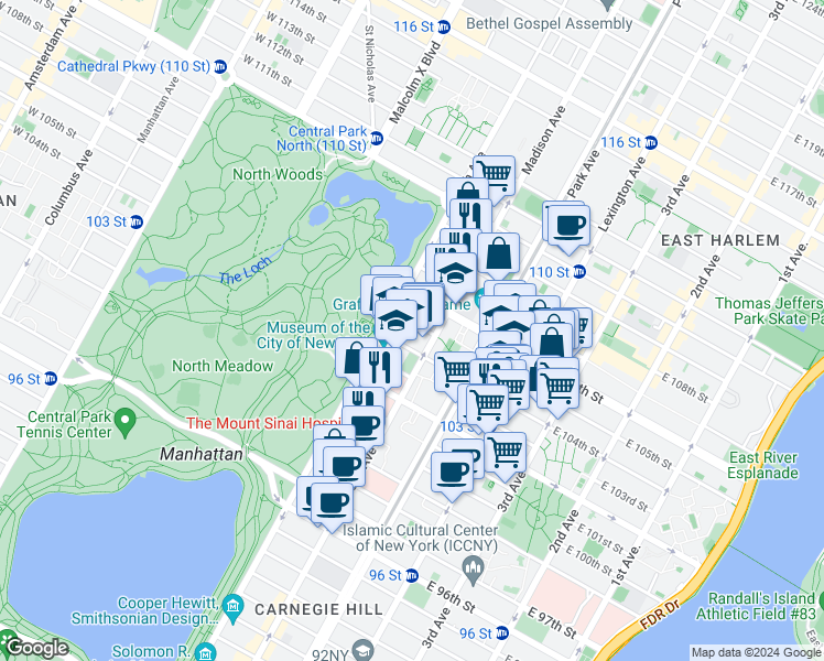 map of restaurants, bars, coffee shops, grocery stores, and more near in New York