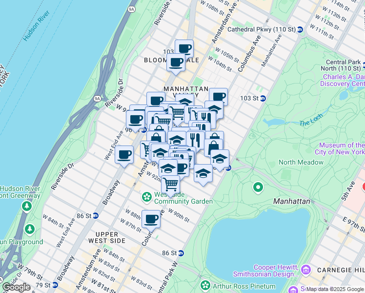map of restaurants, bars, coffee shops, grocery stores, and more near 750 Columbus Avenue in New York