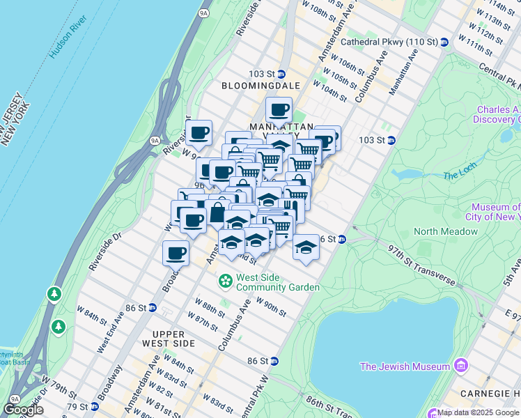 map of restaurants, bars, coffee shops, grocery stores, and more near 134 West 95th Street in New York