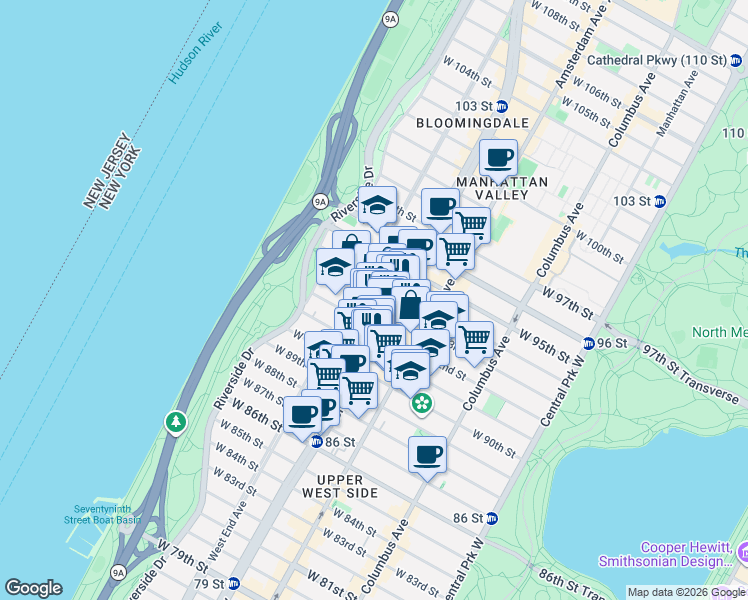 map of restaurants, bars, coffee shops, grocery stores, and more near 2481 Broadway in New York
