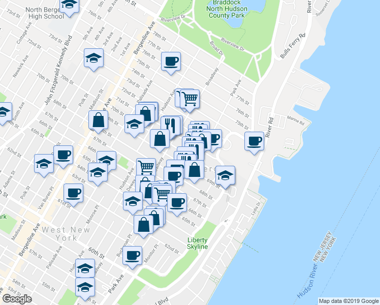map of restaurants, bars, coffee shops, grocery stores, and more near 6900-4 Park Avenue in Guttenberg