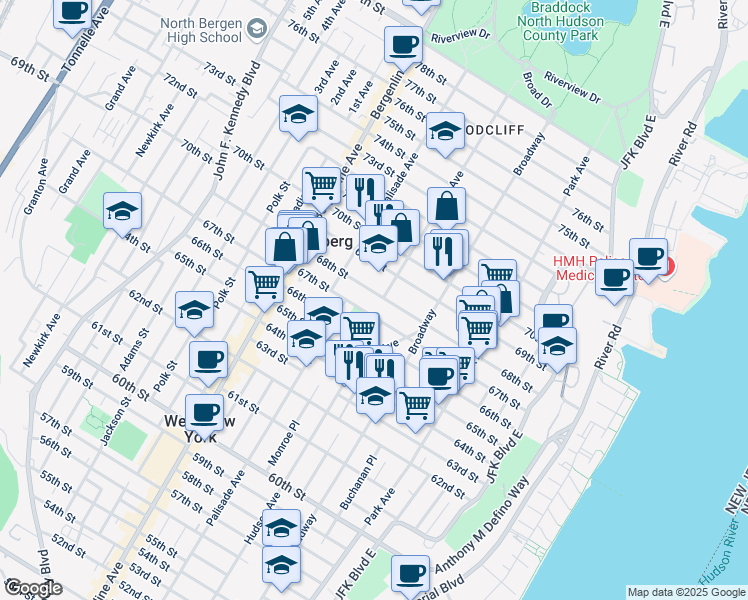 map of restaurants, bars, coffee shops, grocery stores, and more near 300 67th Street in West New York