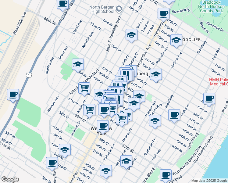 map of restaurants, bars, coffee shops, grocery stores, and more near 6310 Madison Street in West New York