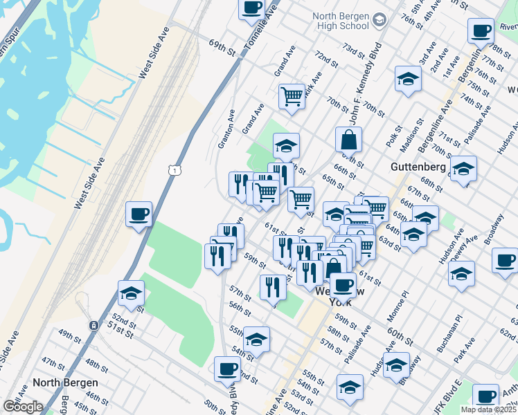 map of restaurants, bars, coffee shops, grocery stores, and more near 642 61st Street in West New York