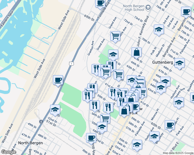 map of restaurants, bars, coffee shops, grocery stores, and more near 6048 John F. Kennedy Boulevard in West New York