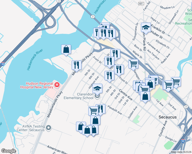 map of restaurants, bars, coffee shops, grocery stores, and more near 713 Hudson Avenue in Secaucus