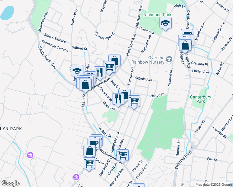 map of restaurants, bars, coffee shops, grocery stores, and more near 87 Chestnut Street in West Orange