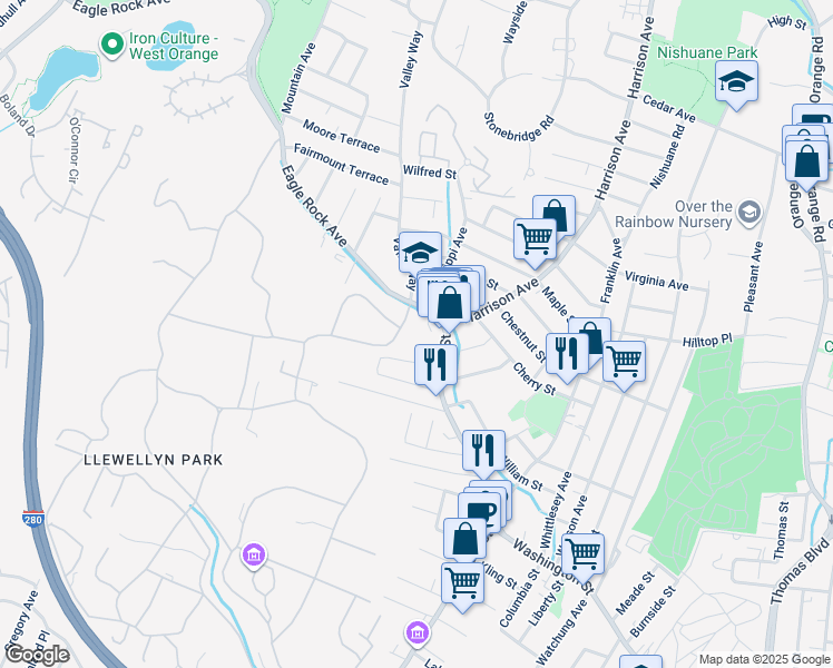 map of restaurants, bars, coffee shops, grocery stores, and more near 424 Main Street in West Orange