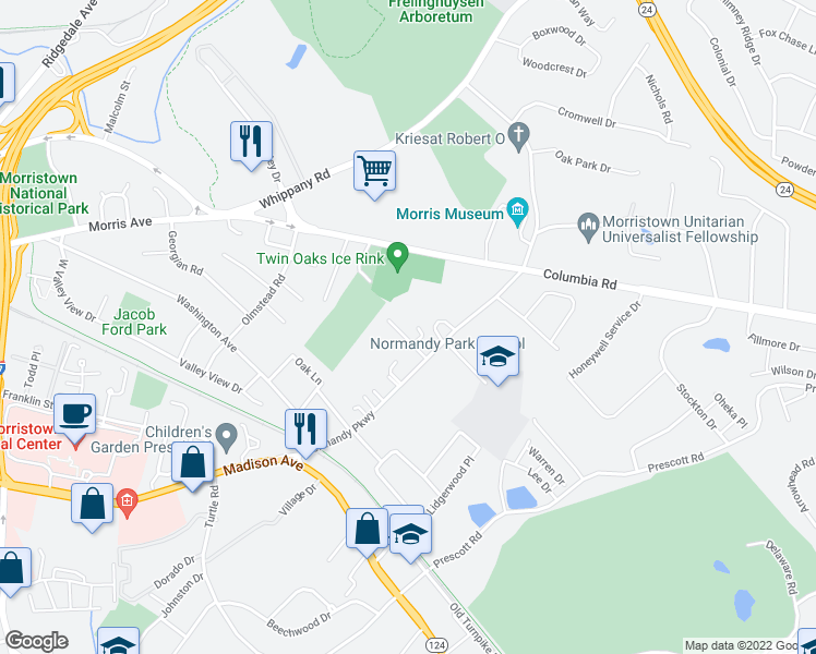 map of restaurants, bars, coffee shops, grocery stores, and more near 18 Normandy Parkway in Morristown