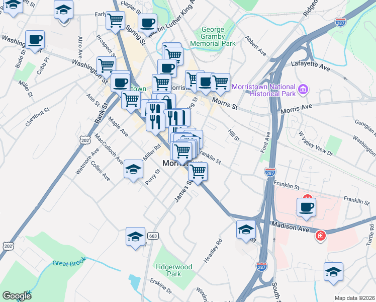 map of restaurants, bars, coffee shops, grocery stores, and more near 166 South Street in Morristown