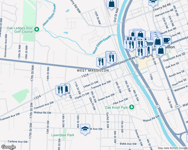 map of restaurants, bars, coffee shops, grocery stores, and more near 28 Pond Street Southwest in Massillon